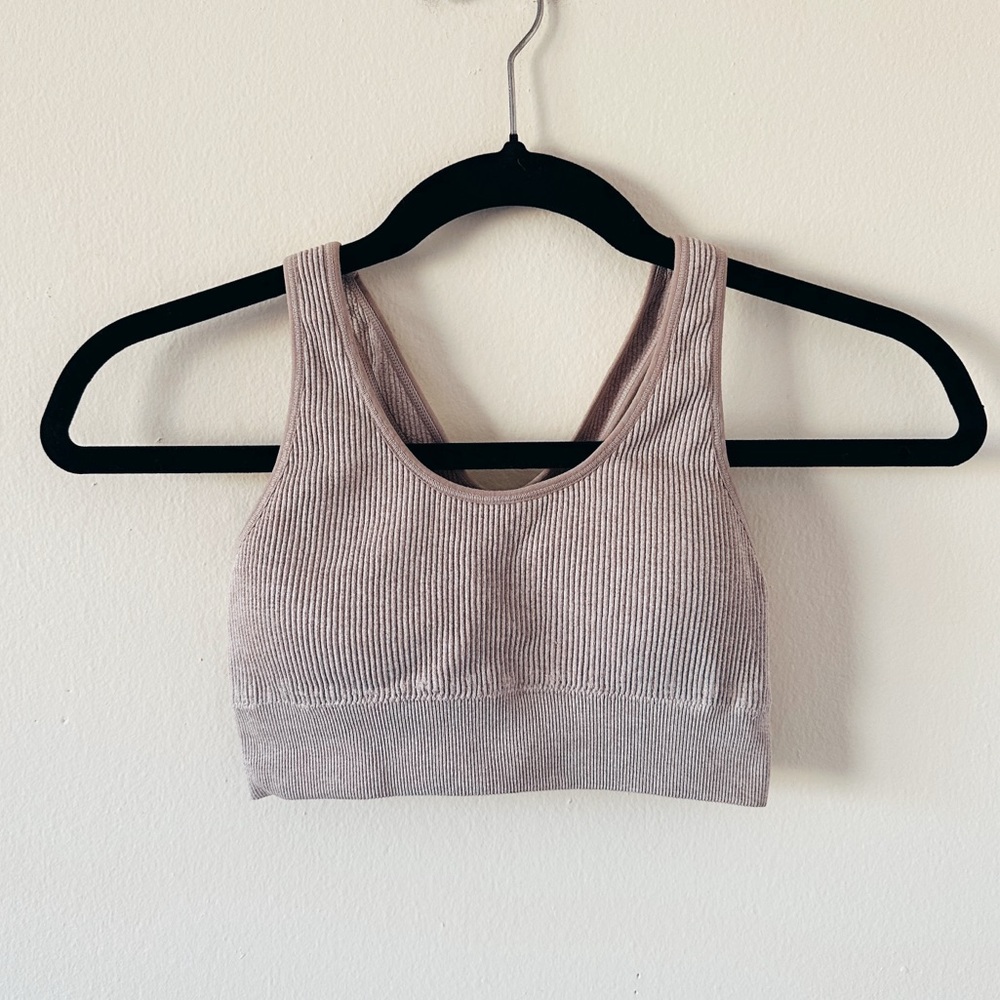Aerie Ribbed Seamless Padded Ribbed Racerback Lounge Bralette Beige Taupe Tan